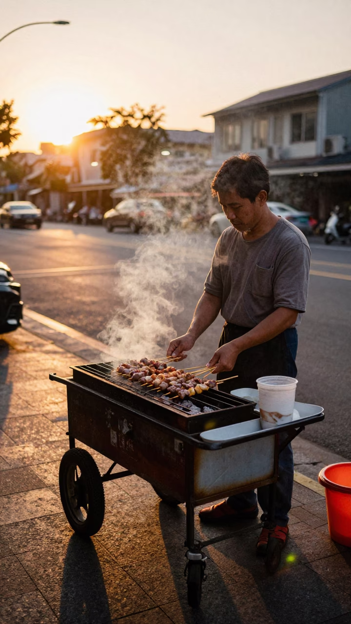 Grilling Skewers in Tainan at Golden Hour in in Tainan, Taiwan