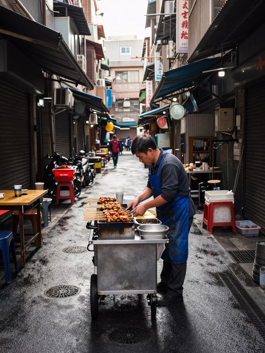 Grilling Skewers in Taipei in in Taipei, Taiwan