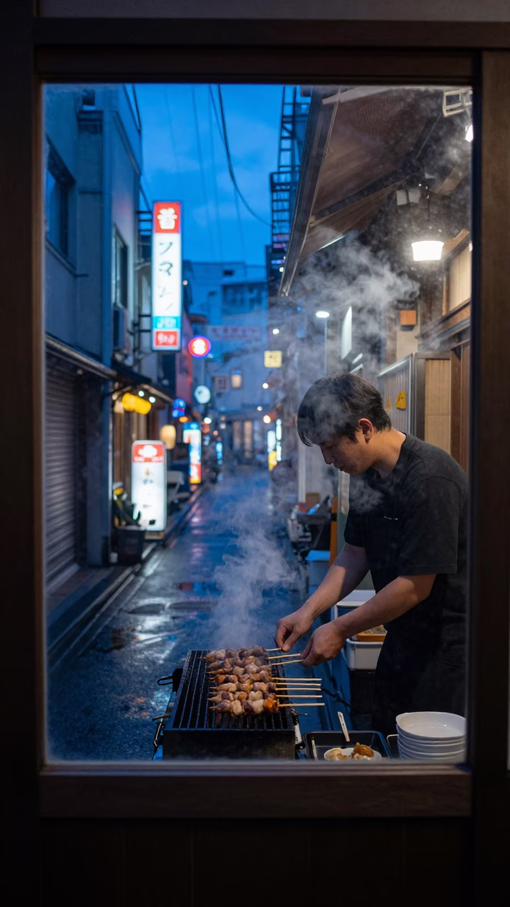 Grilling Skewers in Tokyo in in Tokyo, Japan