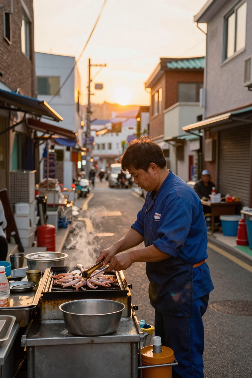 Grilling Squid in Busan in in Busan, South Korea