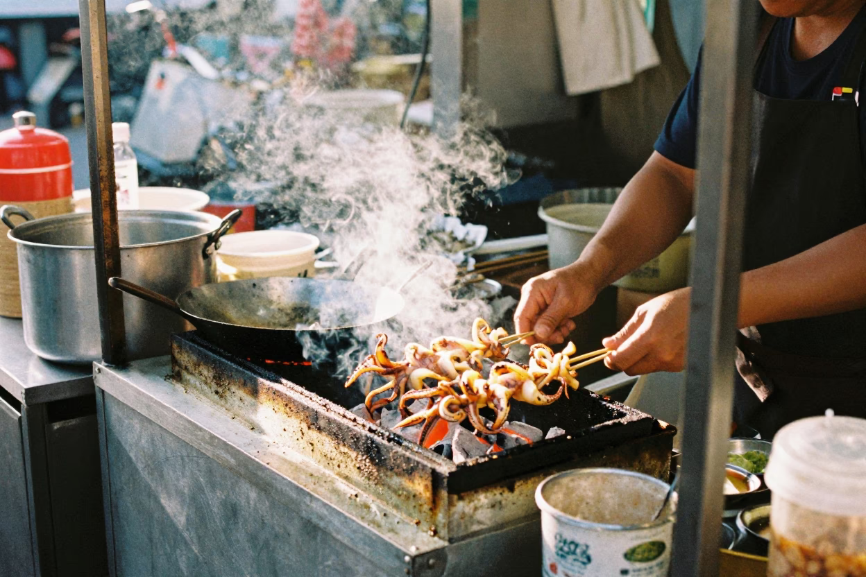 Grilling Squid in Tainan in in Tainan, Taiwan