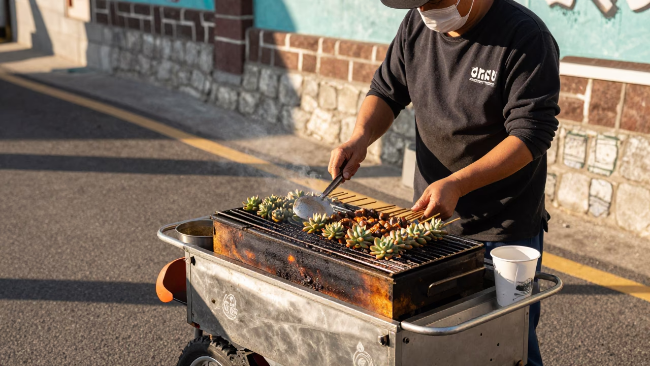 Grilling Succulents at Clear Late-afternoon Light in Busan in in Busan, South Korea