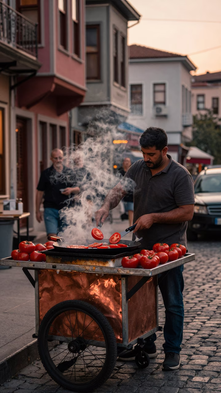 Grilling Tomatoes in Istanbul at Copper-toned Light Before Dusk in in Istanbul, Turkey