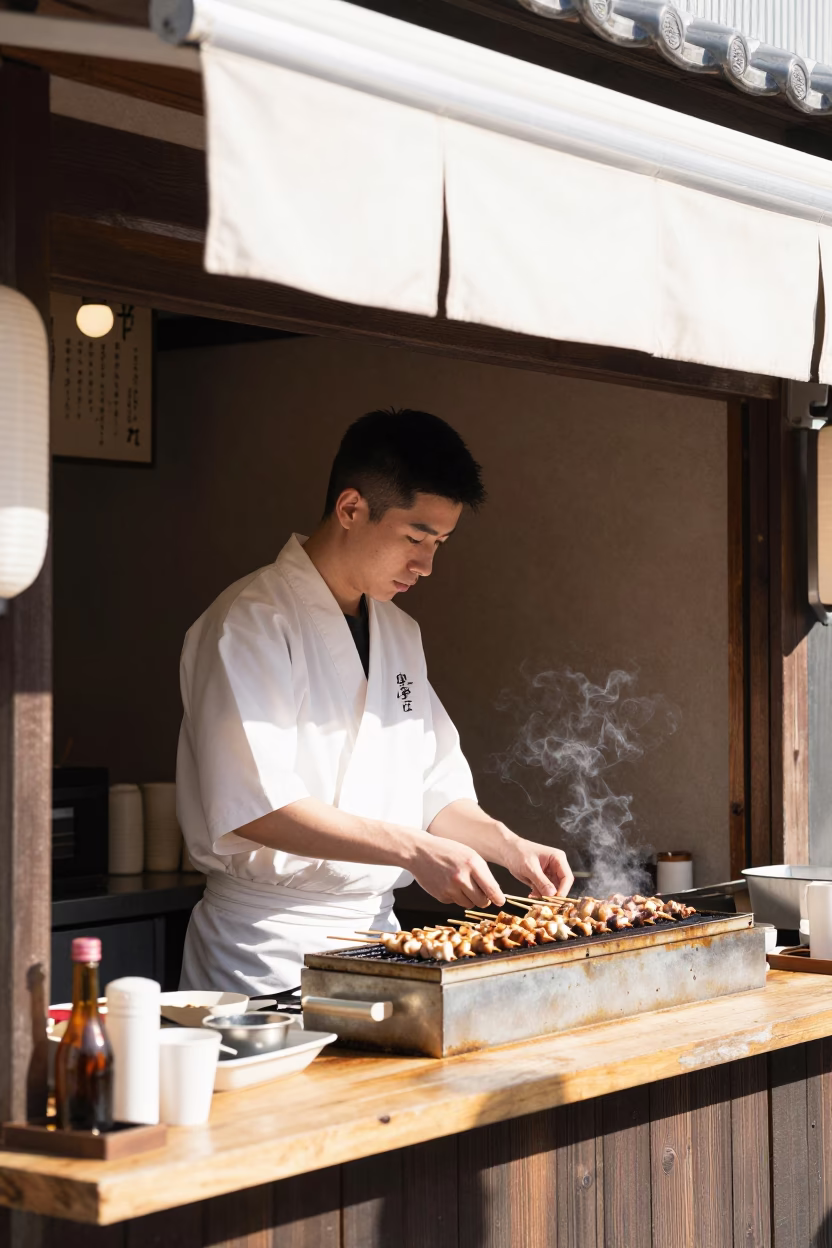 Grilling Yakitori in Fukuoka in in Fukuoka, Japan