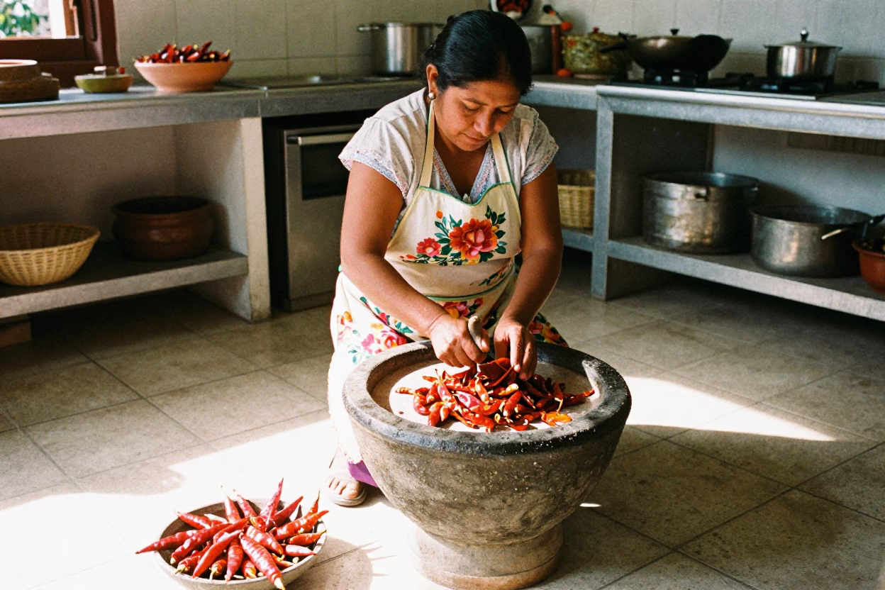 Grinding Chilies in Mexico City in in Mexico City, Mexico