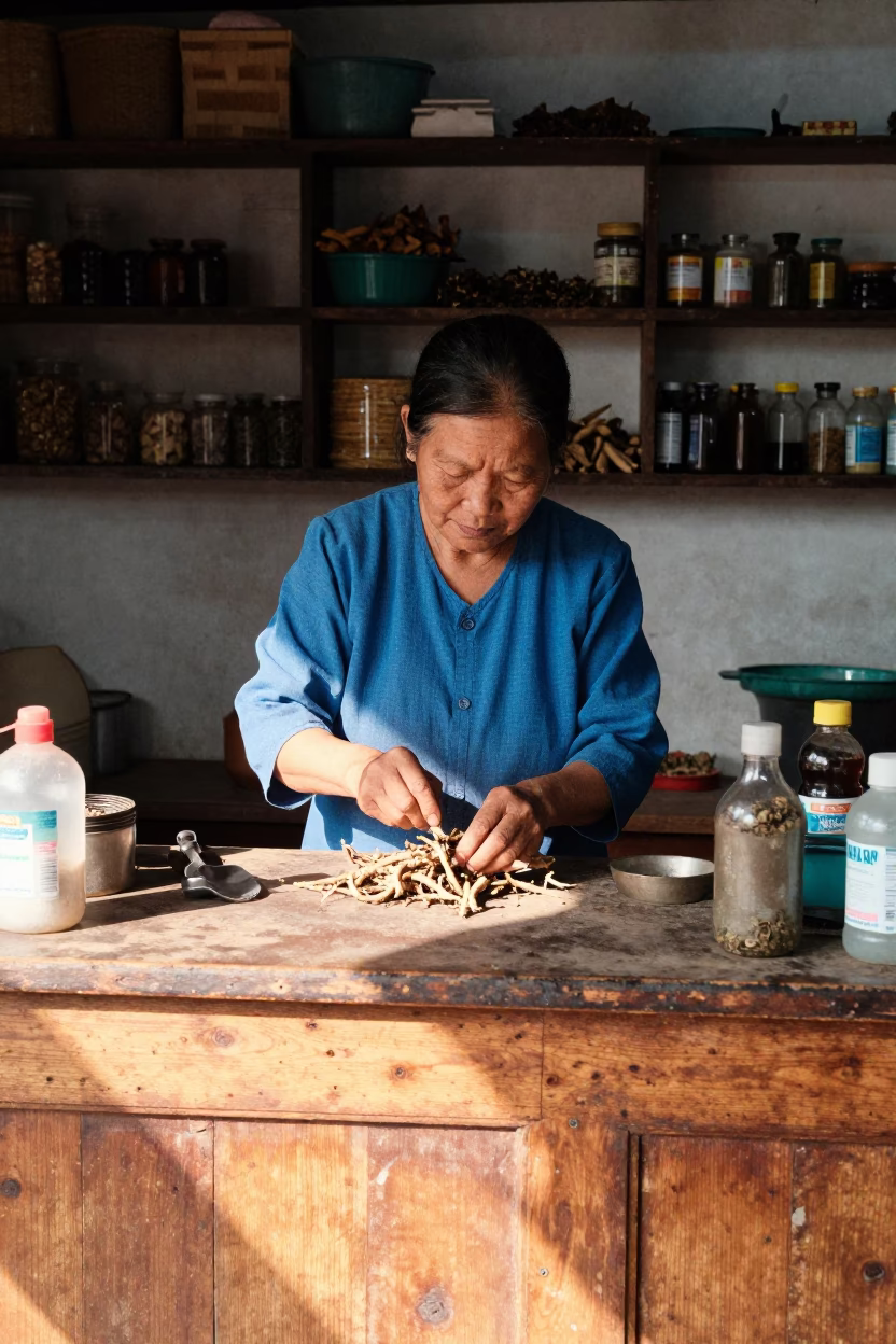 Grinding Herbs in Luang Prabang in in Luang Prabang, Laos