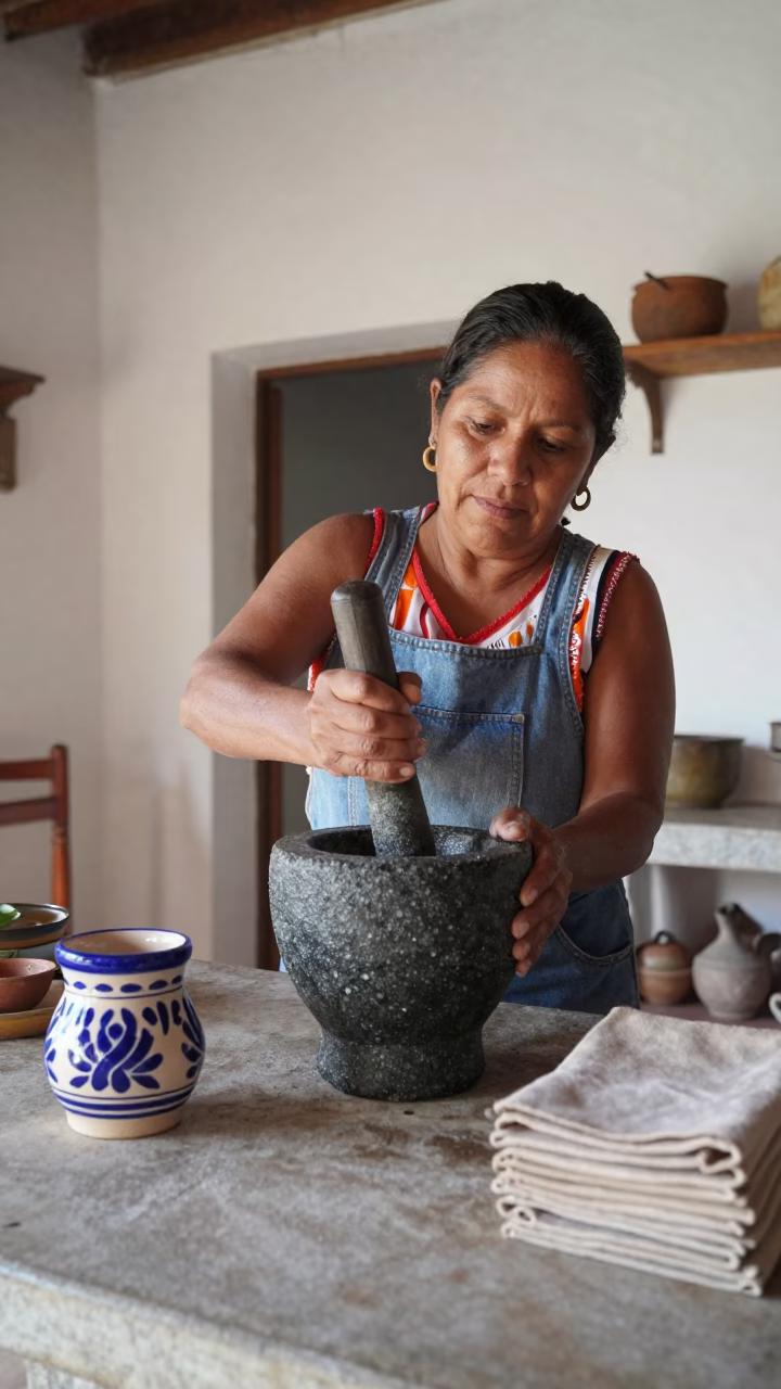 Grinding Molcajete in Oaxaca in in Oaxaca, Mexico