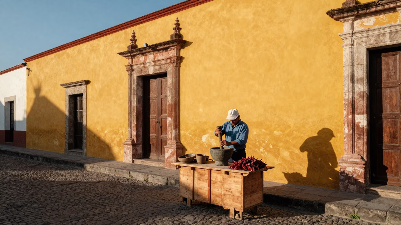Grinding Spices just after sunrise in Oaxaca in in Oaxaca, Mexico