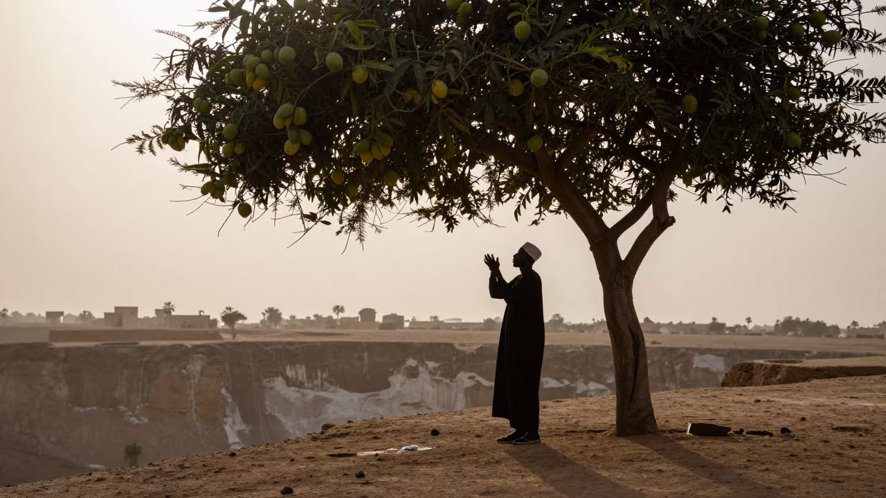 Griot Silhouette Beneath Mango Tree on Cliff Edge in along a salt-sprayed cliff edge near Omdurman