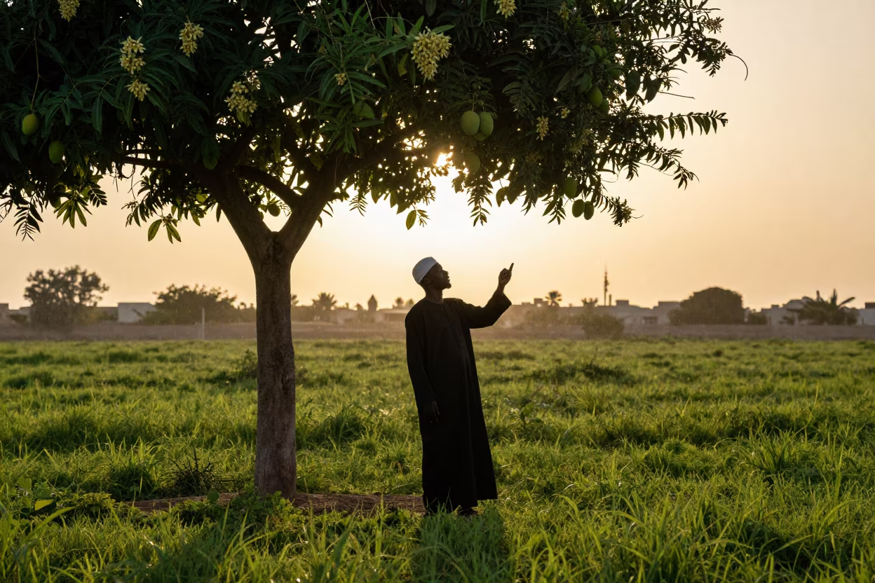 Griot Singing Beneath Mango Tree in Kuwait Meadow in in a bloom-heavy meadow in Kuwait