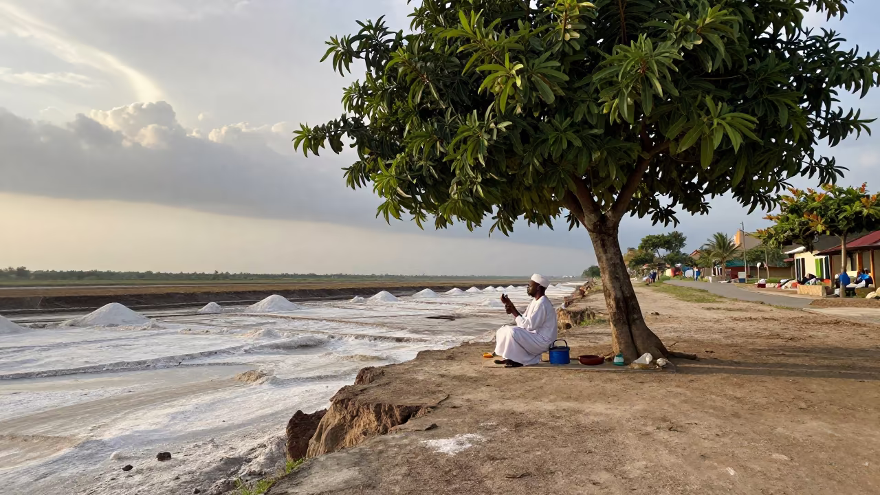 Griot Singing Histories Under Mango Tree in along a salt-sprayed cliff edge near Semarang