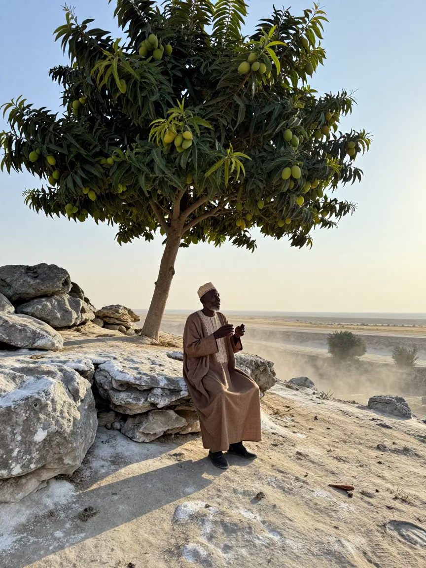 Griot Singing Under Mango Tree Near Erzincan Cliff in along a salt-sprayed cliff edge near Erzincan
