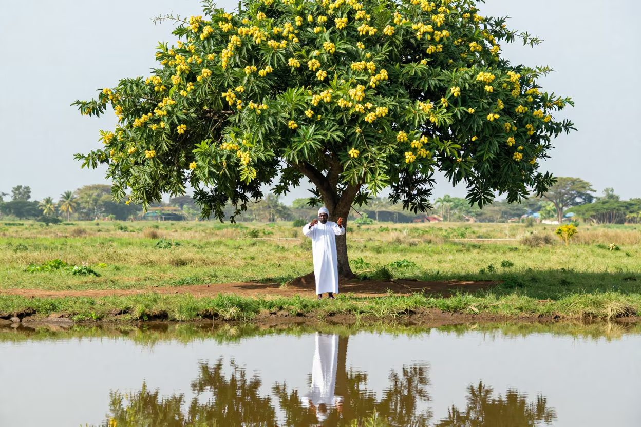 Griot Singing Under Mango Tree in in a bloom-heavy meadow near Arua