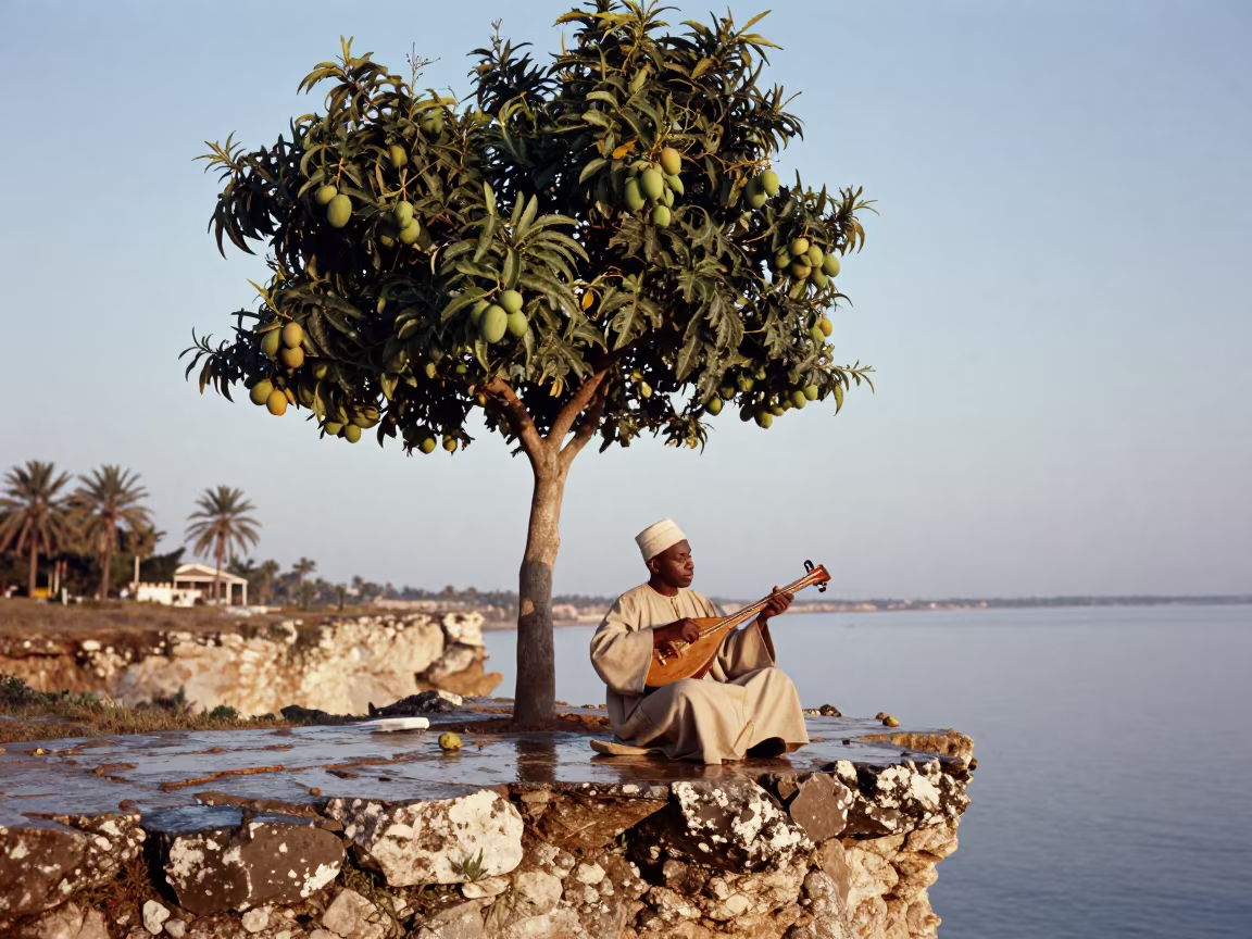 Griot Singing Under Mango Tree on Romanian Cliff in along a salt-sprayed cliff edge in Romania