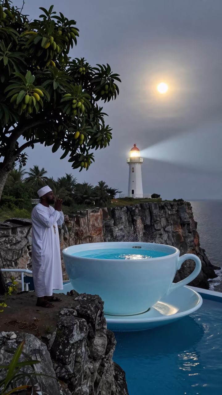 Griot Under Mango Tree With Pool Teacup in along a salt-sprayed cliff edge in the Russian Far East