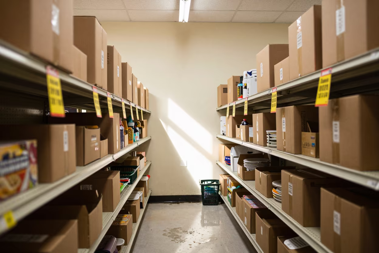 Grocery Aisle Restock Boxes Mixco Afternoon Light in inside a store aisle lined with shelf tags in Mixco