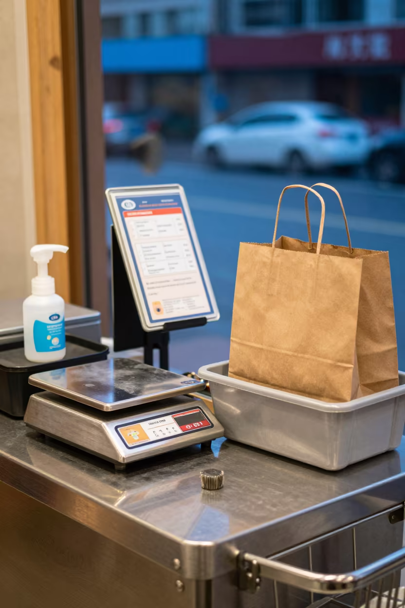 Grocery Scale Caddy With Sanitizer Under Store Lights in at a checkout lane under flat store light near Nanning