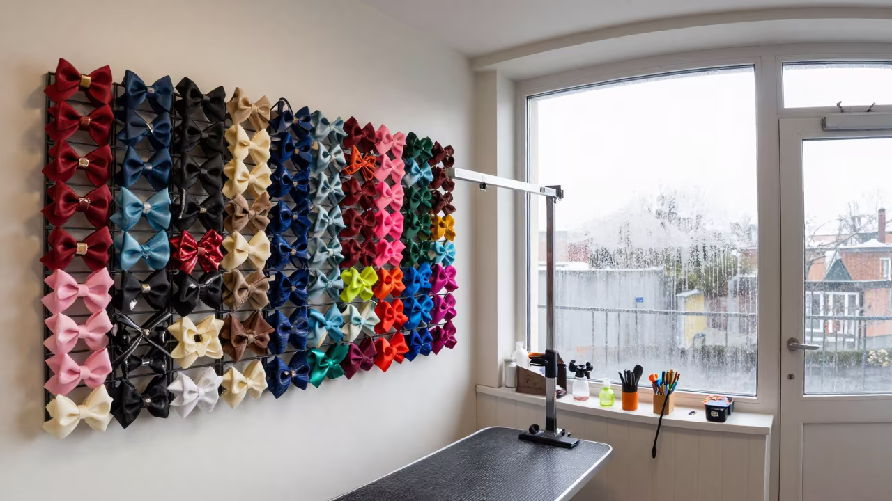 Organized Grooming Bow Shelf in Paris Back Room in inside a grooming bay near Butte-aux-Cailles, Paris