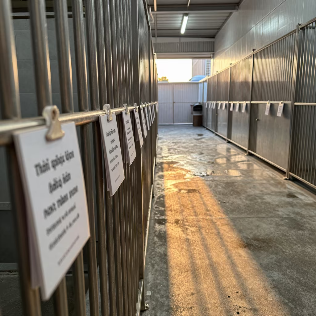Grooming Card Rail in Ho Chi Minh Evening Light in in a boarding kennel corridor near Thao Dien, Ho Chi Minh City