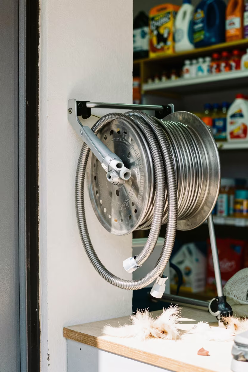 Grooming Dryer Hose Reel in Caracas Pet Shop in inside a fish bagging counter zone near Caracas