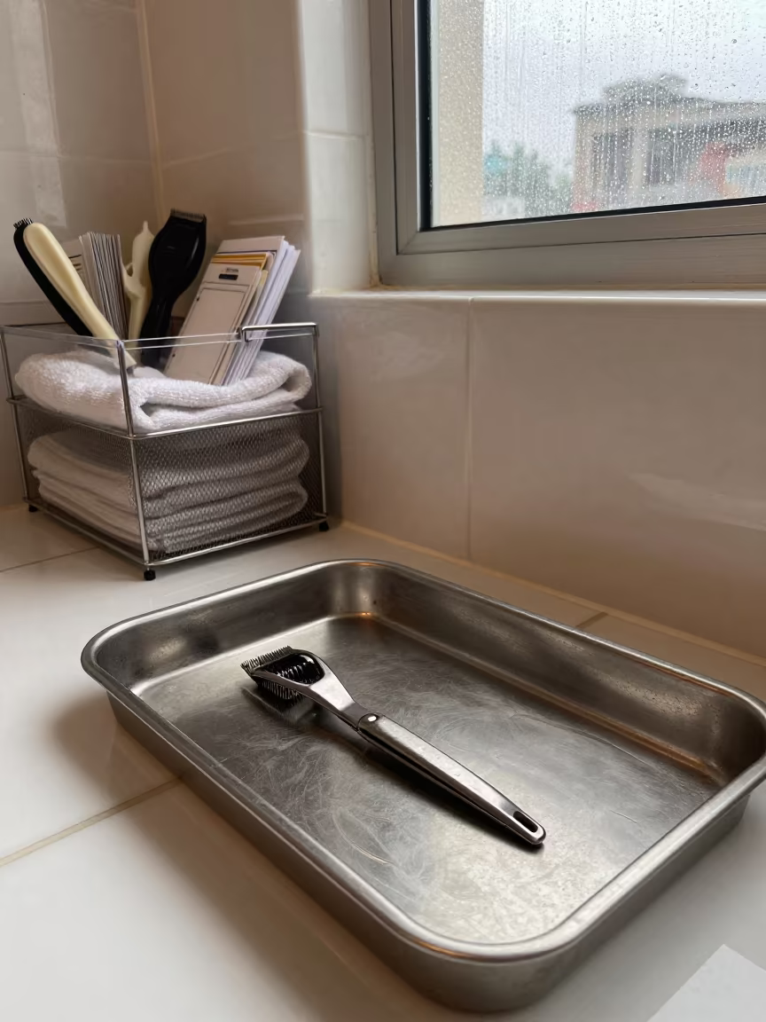 Grooming Loop Snap Bin with Tools on Tile in inside a grooming bay near Taichung