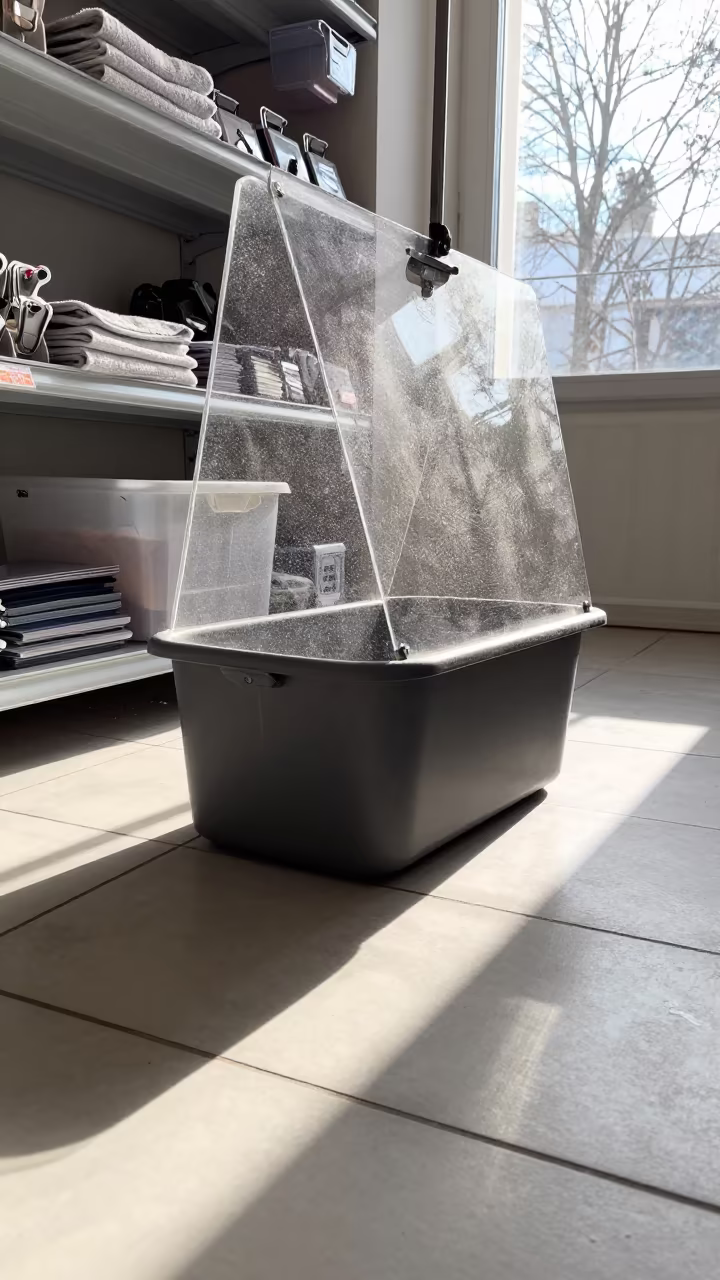 Grooming Loop Snap Bin on Winter Tile Floor in inside a fish bagging counter zone in Mokotow, Warsaw