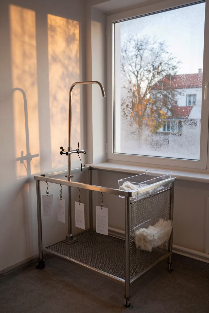 Grooming Muzzle Rack in Early Autumn Light in inside a grooming bay near Kalamaja, Tallinn