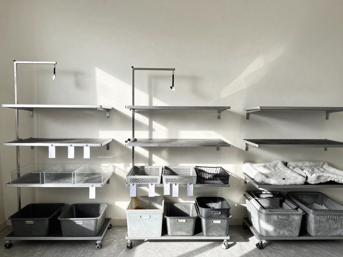 Grooming Muzzle Rack with Paper Tags in Ankara Kennel in inside a fish bagging counter zone in Ankara