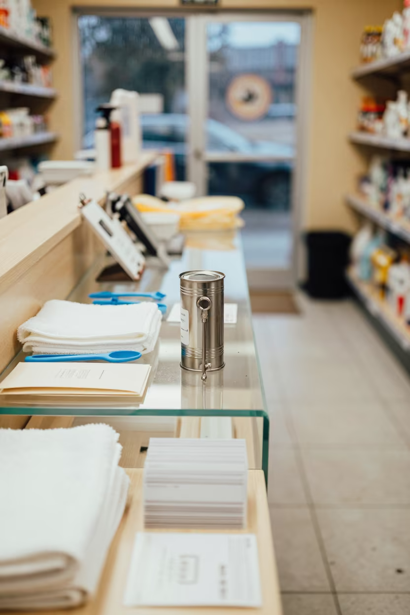 Grooming Shear Key Tin on Pet Store Counter in inside a pet store aisle near N'dalatando