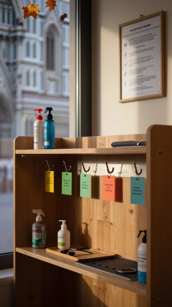 Grooming Shelf with Tags and Hooks in Florence in inside a grooming bay near Duomo, Florence
