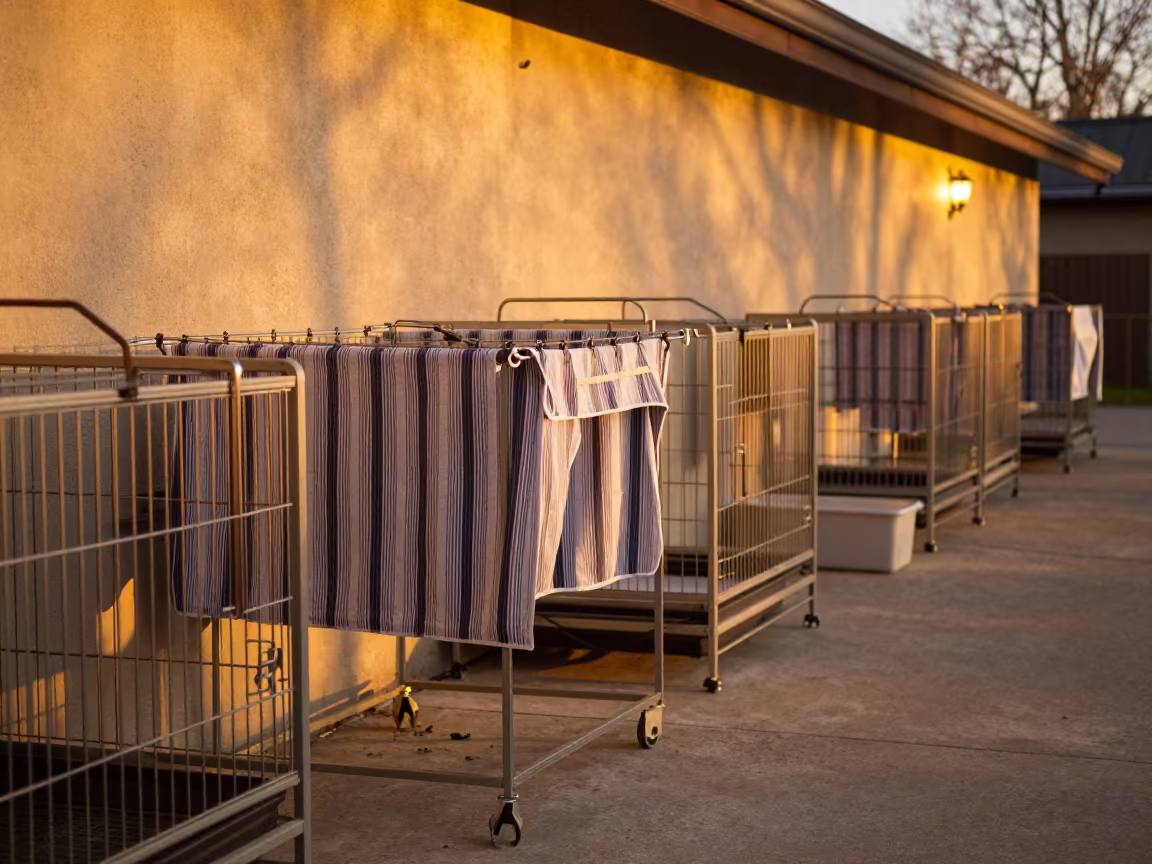 Grooming Smock Rack in Lqliâa Kennel in in a boarding kennel corridor in Lqliâa