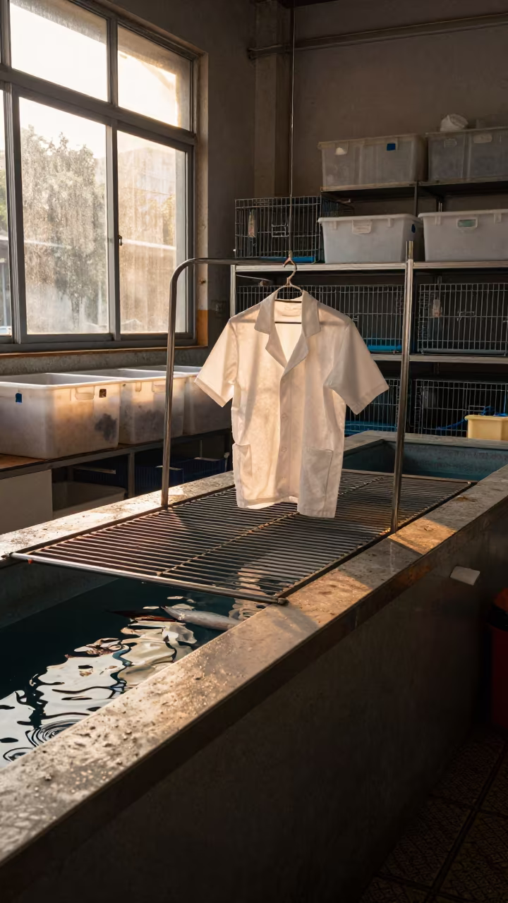 Grooming Smock Drying Rack in Nanning Fish Shop in inside a fish bagging counter zone in Nanning