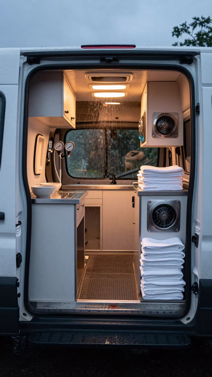 Grooming Van Interior Before Dusk in Sao Luis in at a dog wash bay behind the shop in Sao Luis