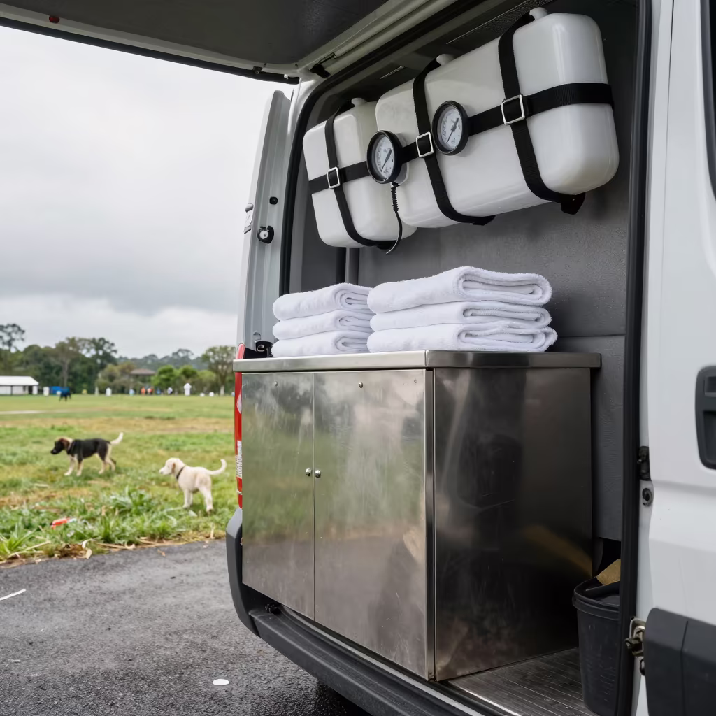 Grooming Van Interior Monsoon Sao Luis in at a puppy training field check-in near Sao Luis