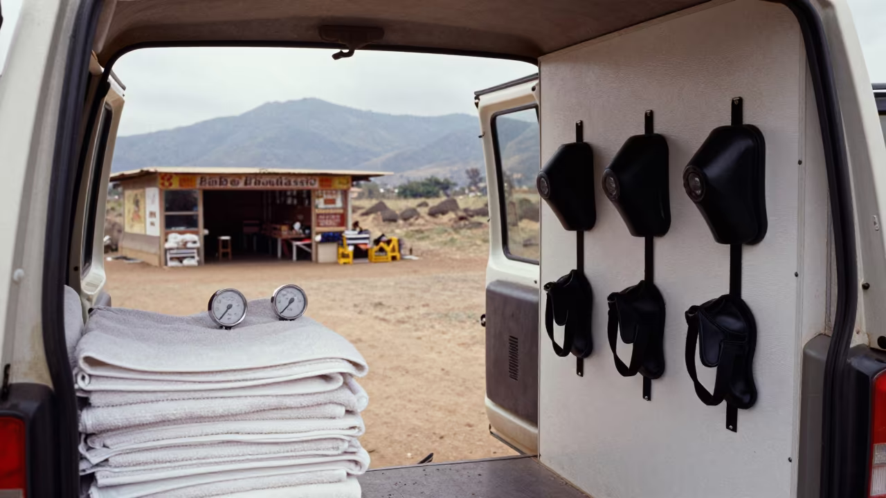 Grooming Van Interior Water Gauges Towels in at a dog wash bay behind the shop near Bobo-Dioulasso