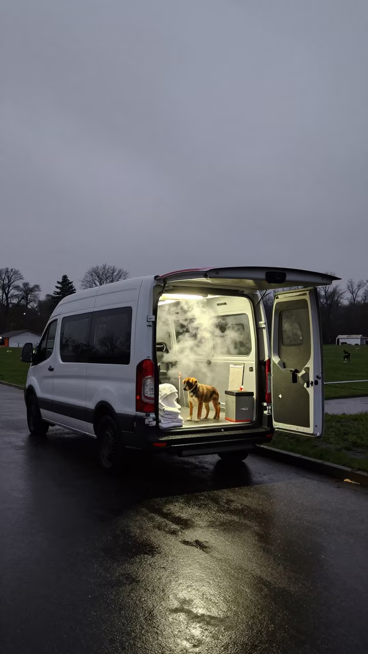 Grooming Van Silhouette at Twilight Drizzle in at a puppy training field check-in near Coimbatore