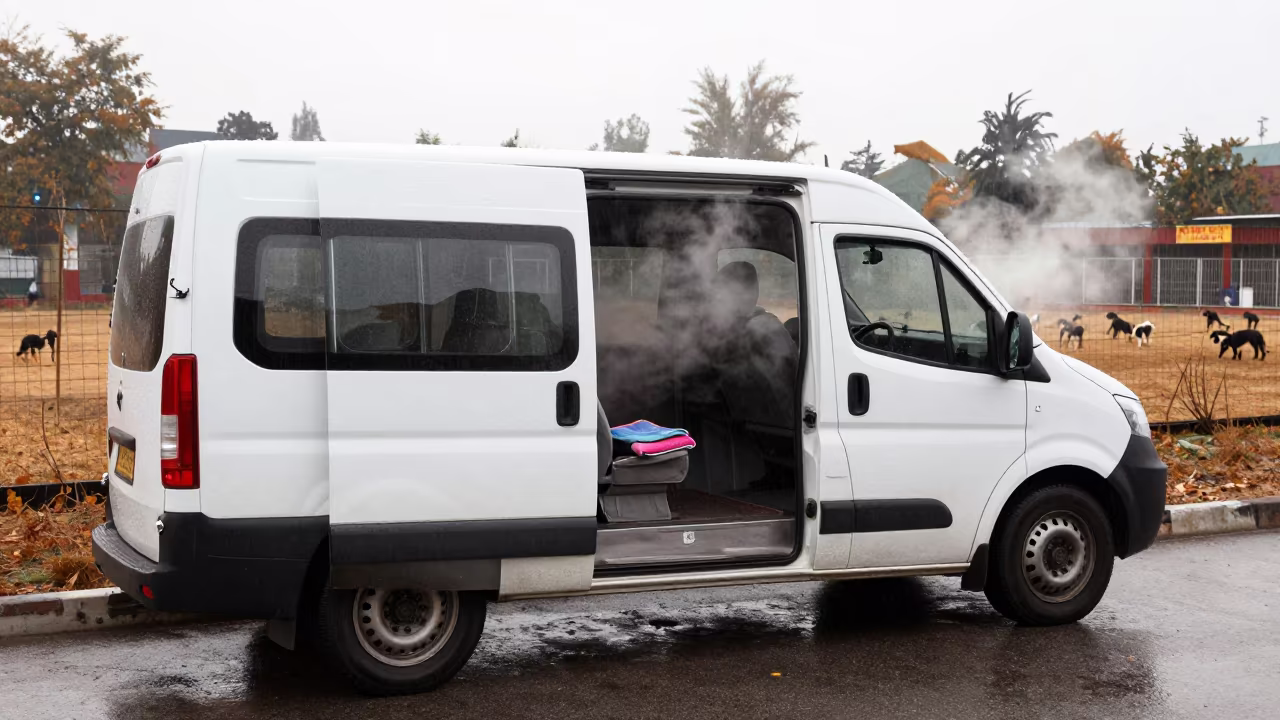 Grooming Van Steaming Towels in Hafizabad Rain in at a puppy training field check-in in Hafizabad