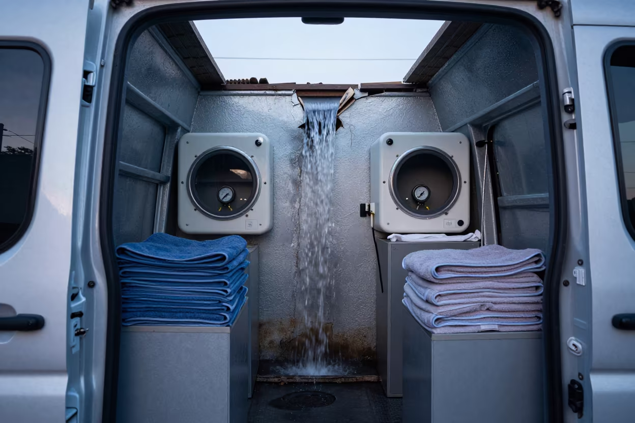 Grooming Van Waterfall at First Light in in an outdoor boarding run in Nampula