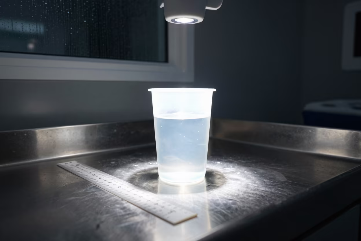 Grossing Ruler Cup in Late Night Surgical Prep in in a surgical prep area in Tapachula de Córdova y Ordóñez