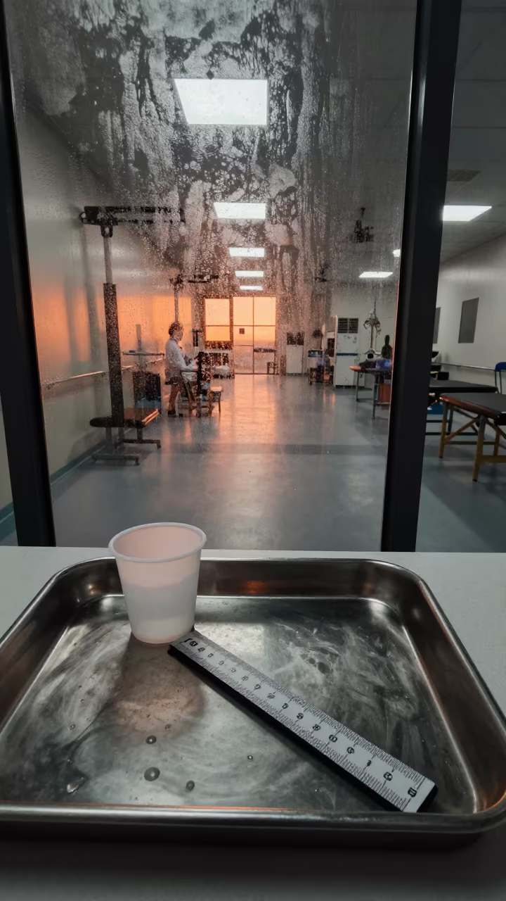 Grossing Ruler Cup in Nighttime Rehab Gym in inside a rehabilitation gym in Soweto