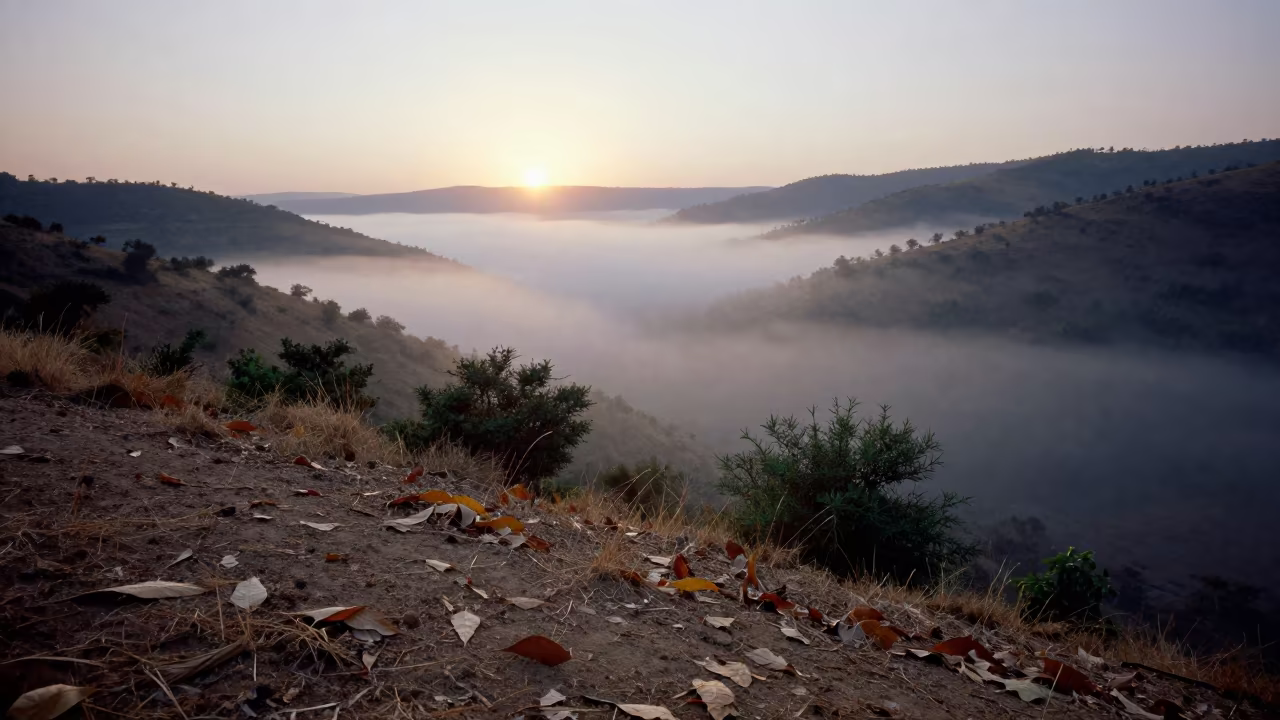 Ground Fog in Hidden Tanzanian Cove at Dawn in across a wide valley floor in Tanzania