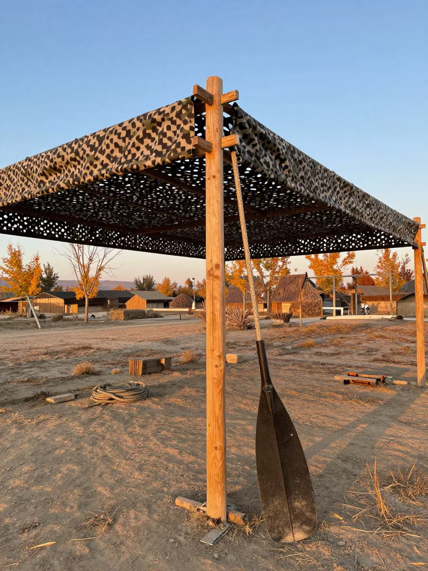 Ground Guide Paddle Stand Under Net Shelter in beneath a camouflage net shelter in Daşoguz