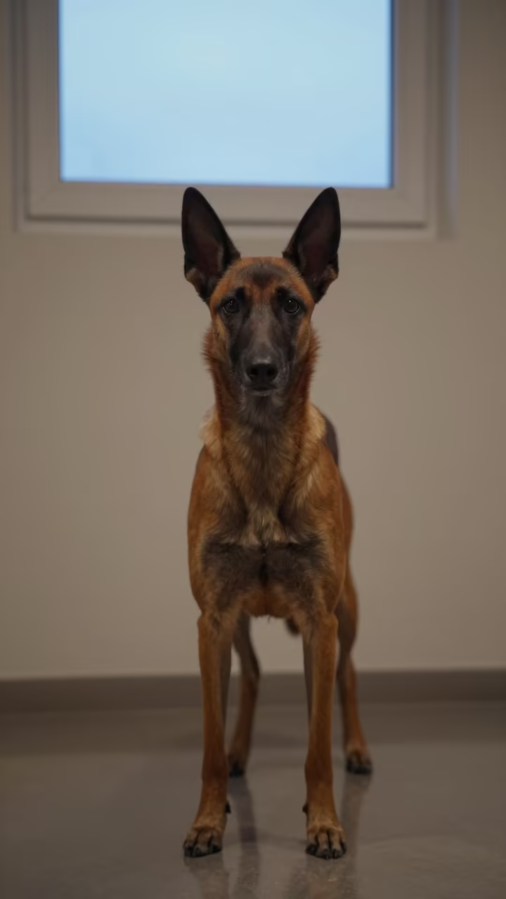 Grounded Belgian Laekenois Portrait Near Jeddah in beside a plain plaster wall in soft indoor light with the animal centered in frame near Jeddah
