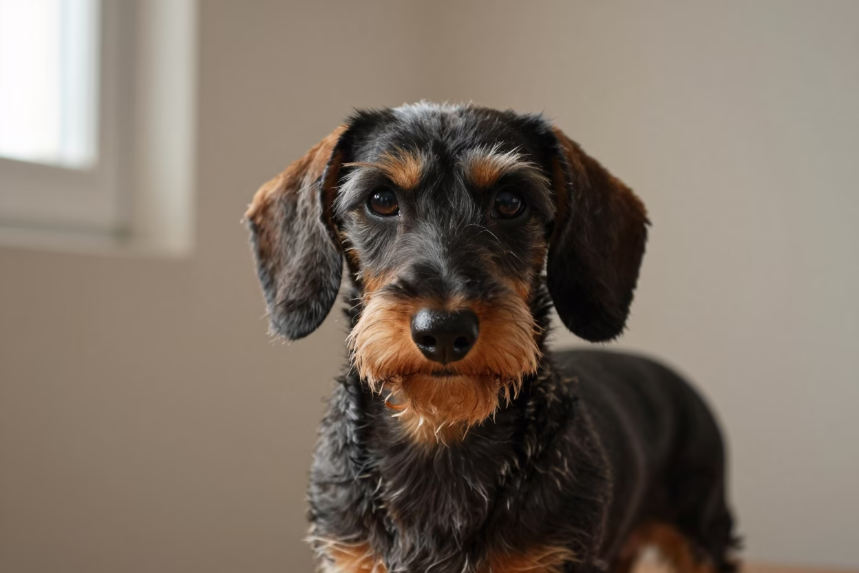 Grounded Dachshund Portrait in Maturin Studio in in a quiet portrait studio with a plain backdrop and eye-level framing in Maturín