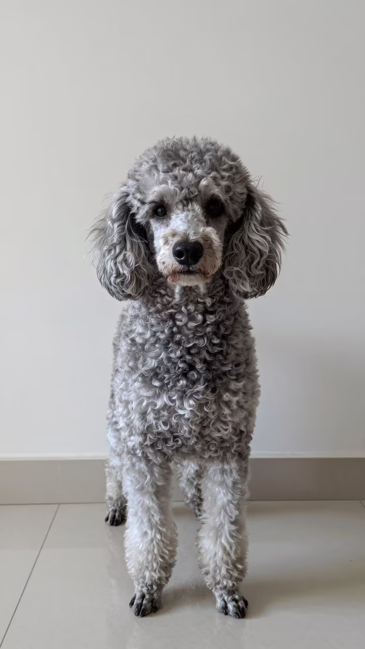 Grounded Poodle Portrait Beside Plaster Wall in beside a plain plaster wall in soft indoor light with the animal centered in frame near Hohhot