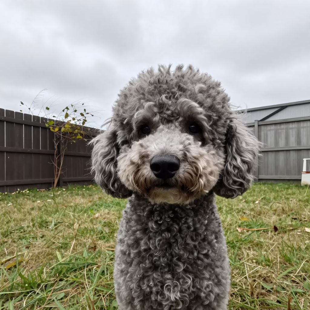 Grounded Poodle Portrait in Mississauga Yard in in a small yard with clipped grass, calm light, and the animal centered in frame in Mississauga