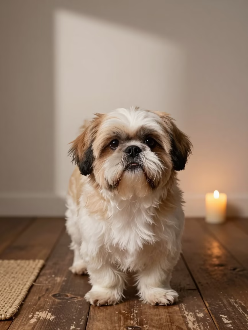Grounded Shih Tzu Portrait in Ile Ife Studio in in a quiet portrait studio with a plain backdrop and eye-level framing in Ile Ife