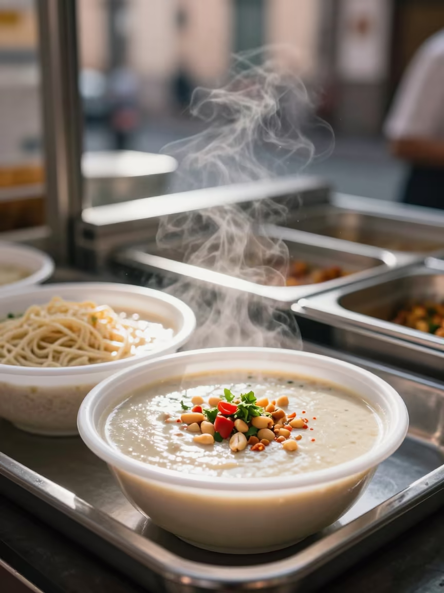Groundnut Soup and Fufu at Catania Noodle Counter in at a noodle counter in Catania