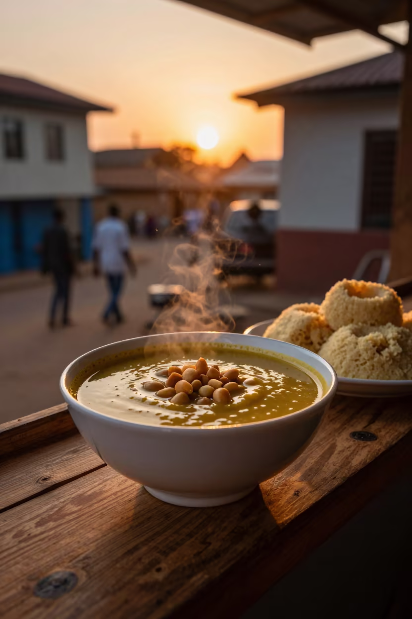 Groundnut Soup and Fufu at Ibadan Noodle Counter in at a noodle counter in Ibadan