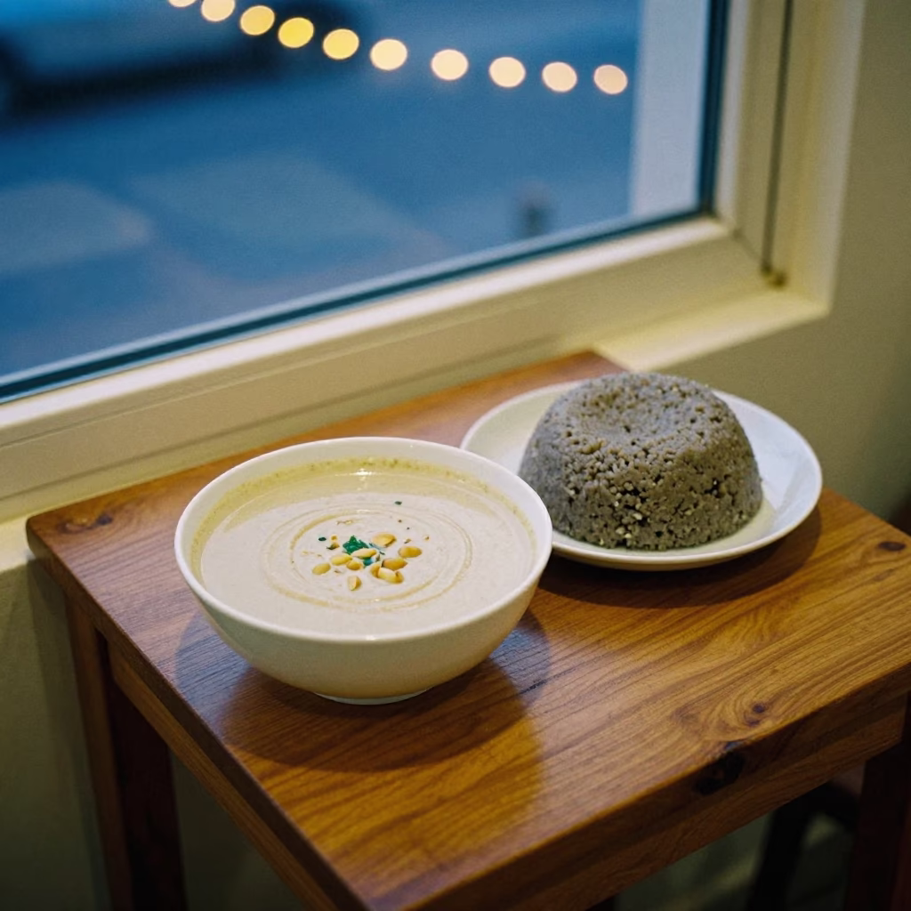 Groundnut Soup and Fufu on Table in on a small dining table by a window in Abu Dhabi